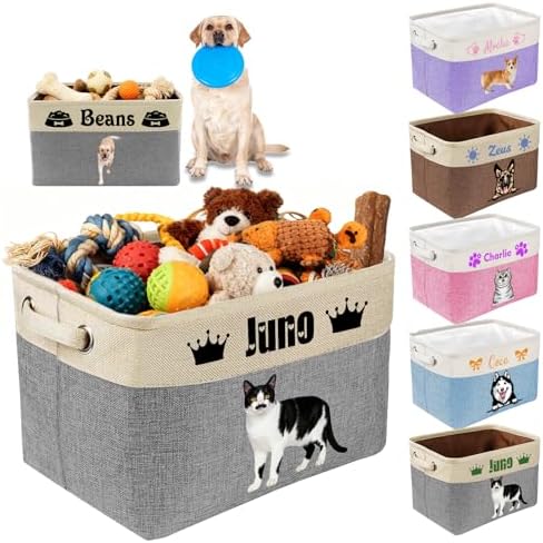 Custom Dog Toy Basket with Name Photo, Personalized Toys Clothing Storage Bins for Dogs Cats Pet,Collapsible Doggy Box Customized for Toy Food Gray