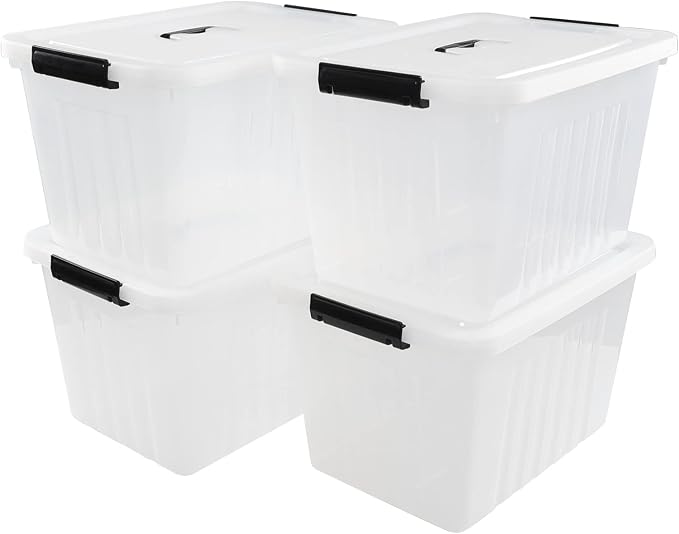 4-Pack 25 Quart Storage Boxes, Plastic Storage Latch Bin | Clear Tote Organizer Containers with Handle, Stackable Organization Bins with Secure Latching Lids