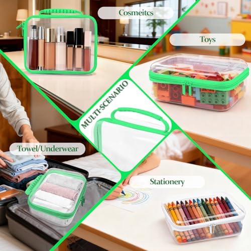 3 PCS Clear Zipper Pouches with Handle, Diaper Bag Organizer, Clear Makeup Bags Hardshell Toy Storage Bins with Zipper Toiletry Pouch Bag for Cosmetics Pencils Puzzles, Building Blocks(Green)