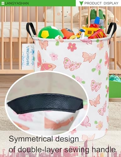 Round Laundry Basket Collapsible Storage Hamper Organizer Pink Butterfly | Waterproof Canvas Foldable Baskets with sturdy Handles Multi-scene Organizer for Home Play Bedroom Gift Bin