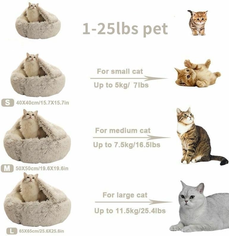 Round Fluffy Hooded Cat Bed Cave, Anti-Anxiety Cave Bed with Blanket | Hooded Cat Bed Cave, Cozy Cuddler Luxury Puppy Pet Bed, Anti-Slip Bottom and Machine Washable