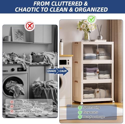 SAILUN 381Qt Extra Large Stackable Storage Bins Folding Collapsible Storage Bins with a Lid, Closet Organizers and Storage Blush White 28" W x 17" D x 46" H