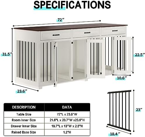 Dog Crate Furniture - Indoor Wooden Dog Kennel Furniture with 2 Dividers, 3 Drawers, and 3 Lockable Doors - 72"x23.6"x31.5"H, White