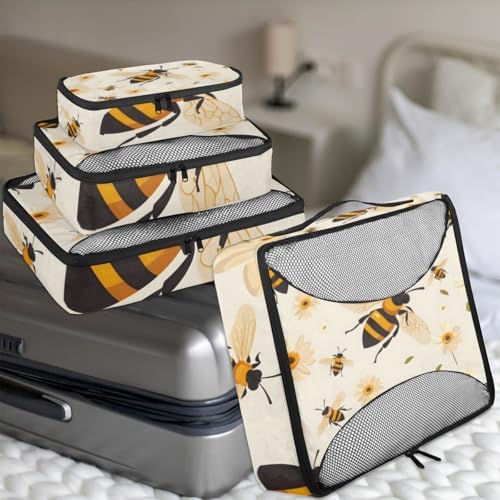 Bee 4 Set Packing Cubes Luggage Organizer Bags for Travel Accessories and Essentials, Yellow Honey Floral