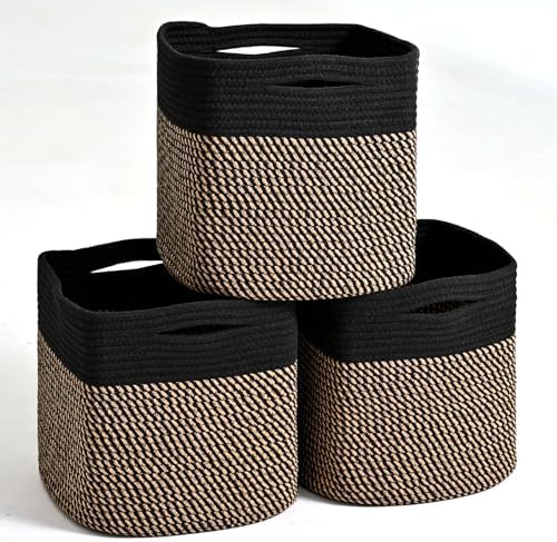 ICERZCZ 11 Inch Cube Storage Bins, Storage Cube Organizer Bins, Woven Cotton Rope Baskets for Storage, Storage Basket for Organizing Shelves, Square Baskets for Toys Nursery, Black & Jute (Pack of 3)