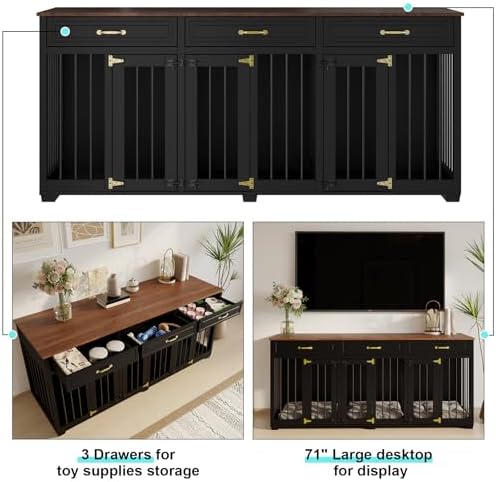 Dog Crate Furniture - Indoor Wooden Dog Kennel Furniture with 2 Dividers, 3 Drawers, and 3 Lockable Doors - 72"x23.6"x31.5"H, Black