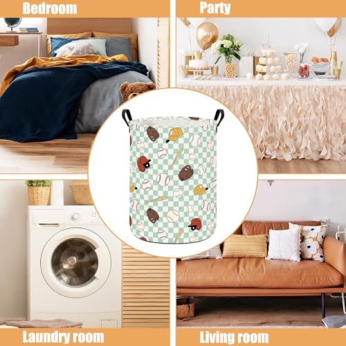 Round Laundry Basket Collapsible Storage Hamper Green Grid Baseball | Waterproof Canvas Foldable Baskets with sturdy Handles Multi-scene Organizer for Home Play Bedroom Gift Bin
