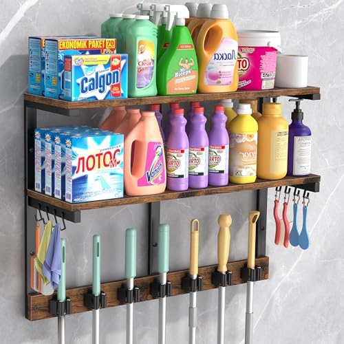 Housolution Wall Mount Broom Holder Hanger Laundry Room Storage Shelves | 2 Tier Large Capacity, Thickened Metal Frame, 100 LBS High Load-Bearing, Multifunctional with 7 Grippers & 8 Hooks