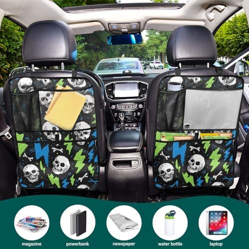 2 Pack Back Seat Car Organizer with Storage Pockets Kick Mats Back Seat Protector Hanging Car Organizer Automotive Seat Back Cover Organizers Skull Lightning Colorful