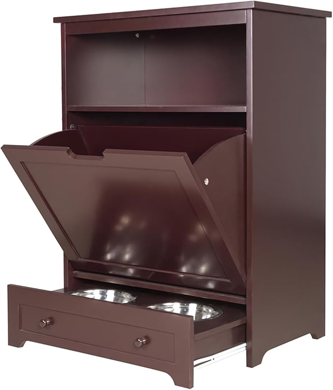 Pet Feeder Station, Dog Food Storage Cabinet with Stainless Steel Double Pull Out Raised Dog Bowls, Pet Food Toy Storage Container, Elevated Cat Bowls Feeding & Watering, Pet Toy Storage Organizer
