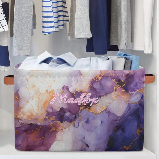 Personalized Storage Basket with Name, Rectangle Toys Storage Bin with Handles for Baby, Boys, Girls, Collapsible Basket for Clothes, Books, Purple Marble Background