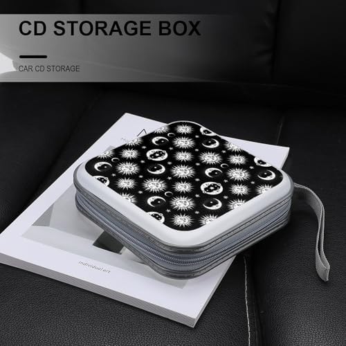 Protective DVD Case Holder Black And White Crescent Moon Sun And Moon, 40-Capacity Hard Plastic Binder with Zipper, Portable CD Organizer for Car Home