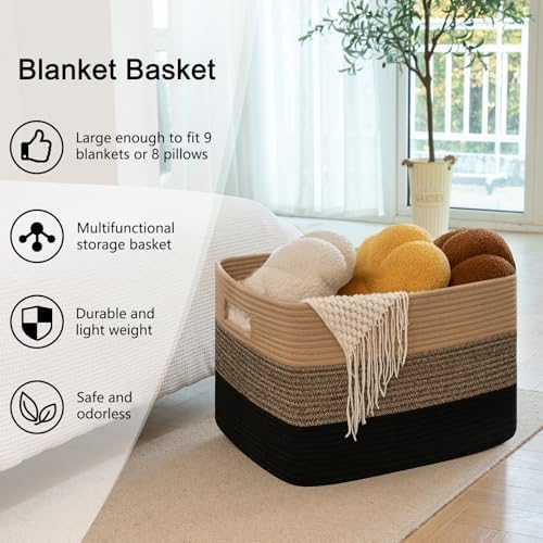 OIAHOMY 118L Extra Large Blanket Basket Cotton Rope Storage Basket Black | 25" x 17" x 16", Rectangular Baskets Living Room,Used for storing Dirty Clothes, Stuffed Animal Toy Storage for Nursery Brown