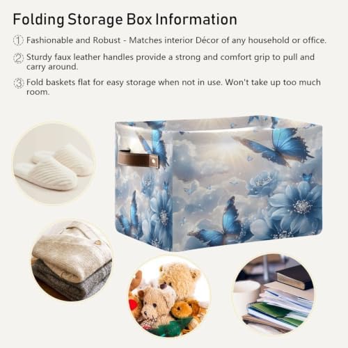 Foldable Storage Baskets Bins for Shelves Blue Butterfly Floral Storage Box Decorative Closet Organizers Baskets with Handles