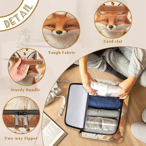 Fox Storage Bins with Zipper Lid Autumn Maple Leaves Foldable Fabric Organizer Box with Handles Rectangular Closet Clothes Organizer Containers