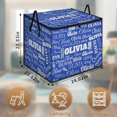 Custom Name Large Clothes Storage Organization with Lids, Kids Toys Bin Shelf Basket, Bedding Clothes Towel Navy Blue Storage Bin for Nursery, Gift Basket, Pet Basket, Full Names Printed