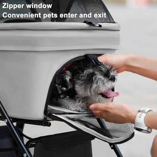 Foldable Pet Stroller with Weather Cover, Pet Strolling Cart with 4 Caster, Storage Basket and Cup Holder, Portable Jogger for Dogs & Cats Grey 1 Set
