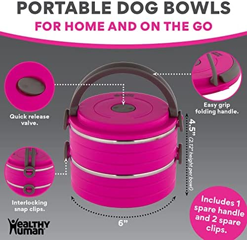 Healthy Human Travel Pet Bento Bowls - Human-Grade Stainless Steel & BPA-Free, Leak-Proof Water & Food Container Set for Dogs & Cats, 2-Pack Interlocking Bowls, Includes Spare Clips & Handle (Pink)