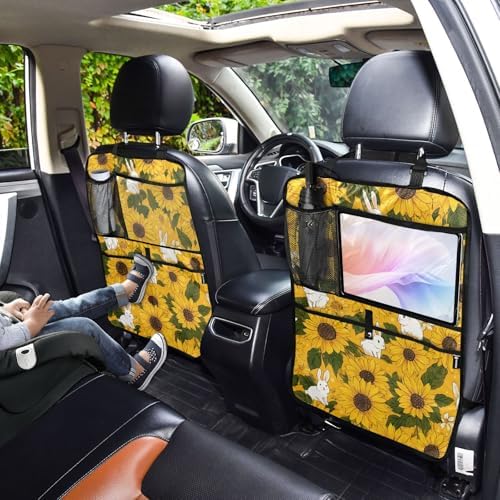 2 Pack Back Seat Car Organizer with Storage Pockets Kick Mats Back Seat Protector Hanging Car Organizer Automotive Seat Back Cover Organizers Autumn Sunflower and Cute Rabbit