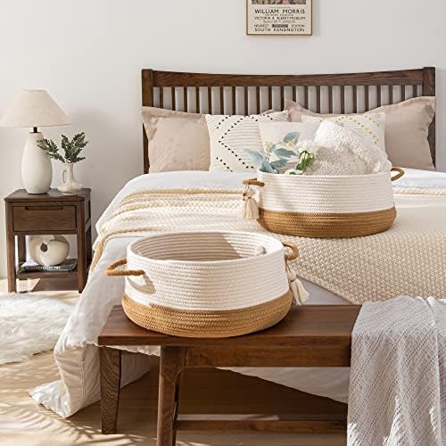 KAKAMAY Woven Baskets for Storage(16"x8"),Blanket Basket for Organizing Living Room,Cotton Rope Basket Woven Baby Laundry Hamper,Collapsible Laundry Room Organization,Clothes,Toy Chest(Brown)