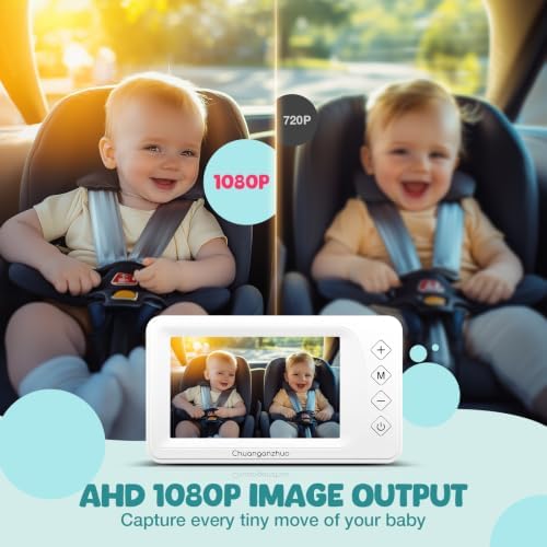 Baby Car Camera with Advanced Night Vision, AHD 1080P 5inch IPS Full View Baby Monitor, Carseat Camera for Kids Infants Rear Facing Mirror, USB Powered, 5inch, Off-White