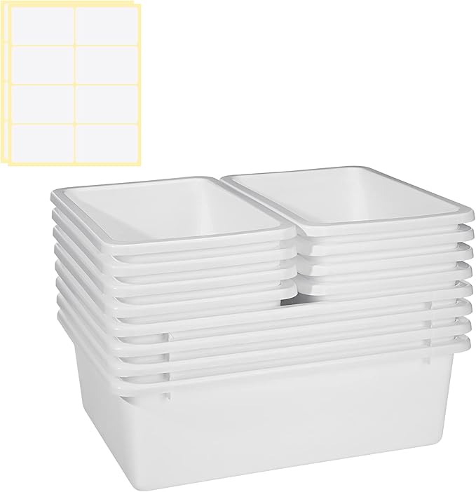 Zonon 12 Pcs Plastic Cubby Bins Office Storage Container Storage Bins Plastic Organization with 1 Pack Self Adhesive Label for Library Office Home Nursery(White)