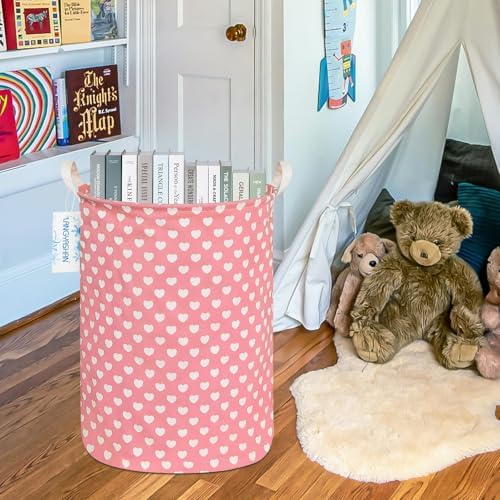 Round Laundry Basket Collapsible Storage Hamper Organizer Pink Heart | Waterproof Canvas Foldable Baskets with sturdy Handles Multi-scene Organizer for Home Play Bedroom Gift Bin