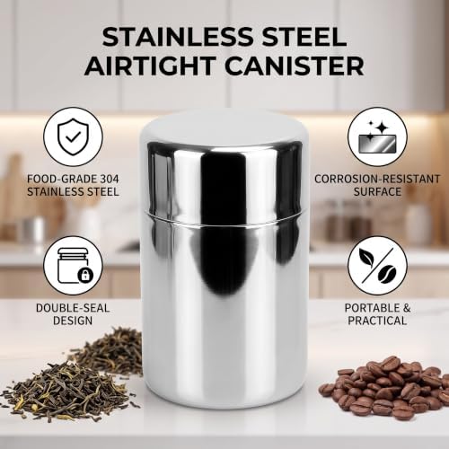 AUNMAS Tea Canister, Double Seal Stainless Steel Tea Tin with Lids Storage Jar for Loose Tea Coffee Candy and Spices, 304 Stainless Steel, S (400ml) / L (550ml)