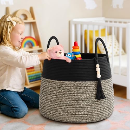Large Nursery Hamper, 60L Blanket Basket with Handle, Baby Laundry Basket for Gift, Toy, Clothes, Woven Storage Basket with Wooden Bead Decor, Baby Hamper for Nursery (Black&Brown)