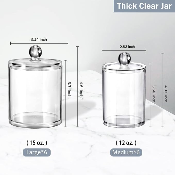 SheeChung 12 Pack Acrylic Qtip Holder with Labels,Qtip Jars for Bathroom | (6) 12oz &(6) 15oz Clear Qtip Holder Set,Shatterproof Bathroom Vanity Organizer for Cotton Swabs,Balls,Pads,Minimalist Decor