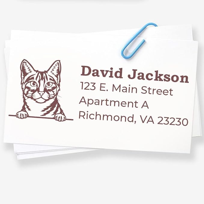 Peeking Egyptian Mau Cat Wood Handle Return Address Stamp - Crisp Imprint | Address Stamper for Veterinary Offices Personalized. Envelope Stamp with Egyptian Mau Cat Design. 4 lines.