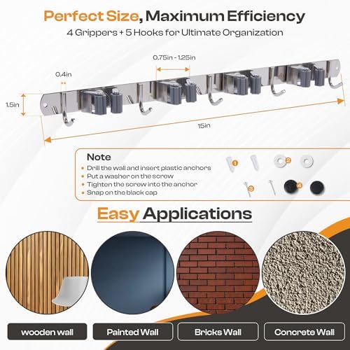 Stainless Steel Broom Holder Wall Mount, 4 Racks & 5 Hooks | Rust-resistant organizer for mops, brooms, tools and garden equipment, adjustable wall storage, silver