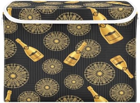 Storage Bins with Lids Gold Champagne Bottles and Foldable Storage Boxes with Handles Large Storage Basket Collapsible Organizer Containers for Closet Home Bedroom Office