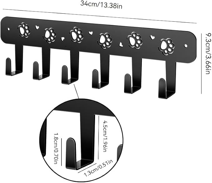 Dog Leash Holder for Wall, Extra Wide 6 Hook Key Rack with Pet Paw Print & Heart, Matte Black Rust-Proof Pet Organizer for Thick Leashes & Keys, Perfect for Mudroom & Entryway, Dog & Cat