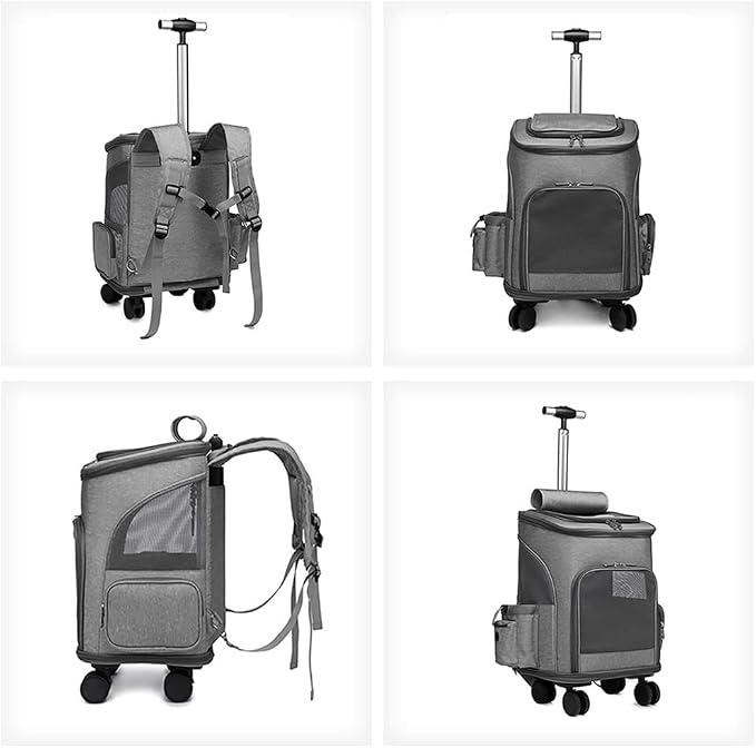 Wheeled Pet Carrier Backpack Pet Stroller, Travel Carrier, Car Seat for Small Dogs Cats Puppies, Comfort Cat Backpack Removable Rolling Wheels – Mesh Ventilation Windows (Grey)