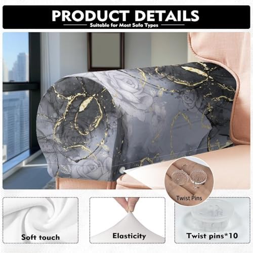 Marble Couch Arm Covers Set of 2 Armrest Covers for Sofa Soft Furniture Protector Scratch-Resistant Sofa Arm Covers Armchair Slipcovers for Recliner