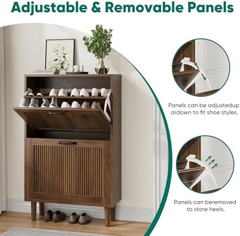 Kiasthome 2 Tier Entryway Shoe Storage Cabinet Closed Space Saving Hidden Shoe Organizer with Ribbed Doors Freestanding for Hallway Bedroom Walnut Finish (Walnut, 24.4")