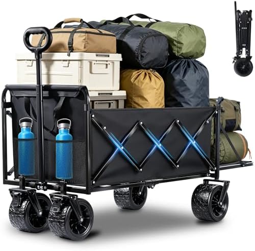 Collapsible Wagon Cart, Folding Cart with 600LBS Capacity, Black | All-Terrain Wheels & Built-In Brakes, Heavy Duty Utility Wagon for Grocery Camping Garden Shopping Sports