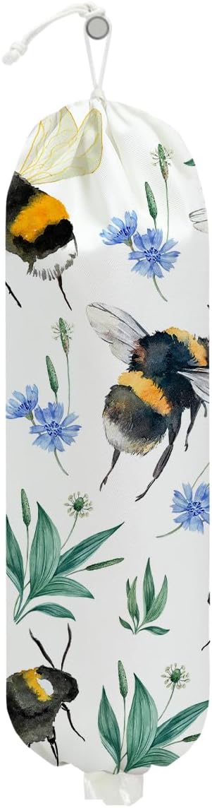 Bee Plastic Bag Holder, Summer Floral Grocery Bag Holder for Plastic Bags | Wall Mount Washable Grocery Bags Storage Dispenser for Home Kitchen Pantry Farmhouse, Bee Gifts for Women Mom