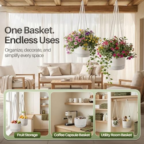 Flexzion Macrame Plant Hanger Basket for Indoor Plants - 8 Inch Jute Rope Planter Pot Cover, Woven Hanging Plant Holder Up to 7 Inch Pots, Boho Hanging Planters Home Decor Storage Organizer (White)