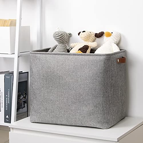 DULLEMELO Large Collapsible Storage Basket/Bin with Sturdy Leather Handles, Fabric Organizer Bin for Storage Clothes, Toys, Books, Office, Bedroom, Closet, Nursery & Laundry (Gray)