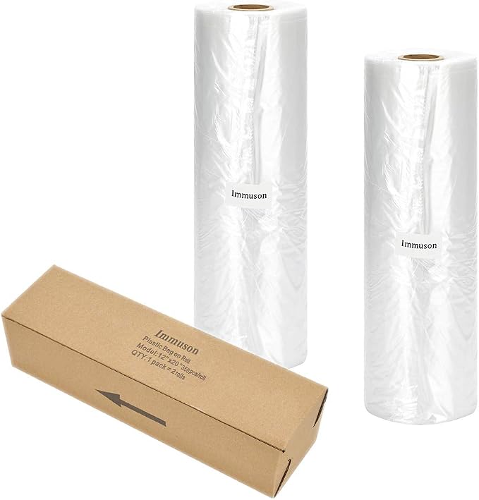 Immuson Food Storage Bag, 12 x 20 Plastic Produce Bag on a Roll, 2 Rolls Fruits, Vegetable, Bread, Food Storage Clear Bag, 350 Per Roll,700 Bags