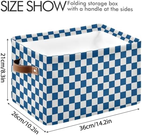 Navy Blue Grid Checked Plaid Storage Basket Canvas Fabric Foldable Storage Bins Boxes Organizer with Handles for Home 14×10×8.3 Inch 1 Pack