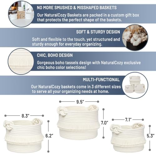 NaturalCozy 3-Piece Decorative Storage Basket Set – Cotton Rope Woven Baskets for Organizing! Small Storage Bins for Nursery Baby Stuff, Gift, Montessori, Dog Toy Bin, Cat Toys, Bathroom Shelves