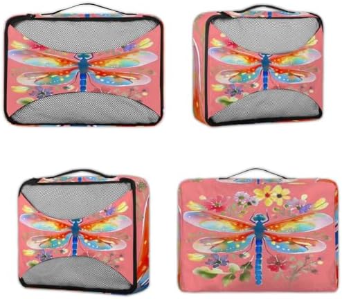 Dragonfly Pink Floral 4 Set Packing Cubes Luggage Organizer Bags for Travel Accessories and Essentials, Dragonflies Flower