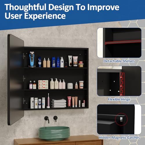 ACEMIRO 40x30 Inch Black Medicine Cabinet Mirror Metal Framed Recessed Bathroom Medicine Cabinets with Mirror and Storage Wall Mounted