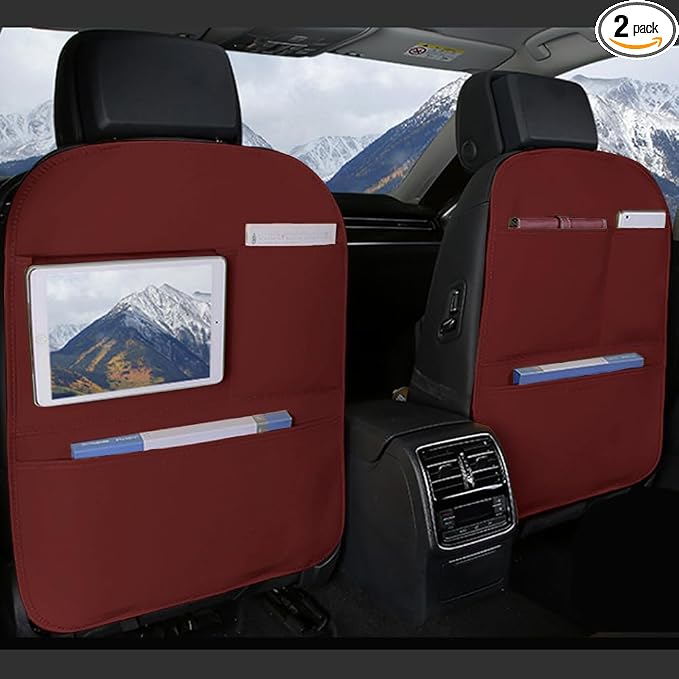 SUTSU Kick Mat Back Seat Protector， Waterproof Leather Car Seat Back Organizers Cover with 3 Storage Pockets for Kids Pets SUV Sedan Minivan Truck Car Travel Accessories (Wine Red 2-pack)