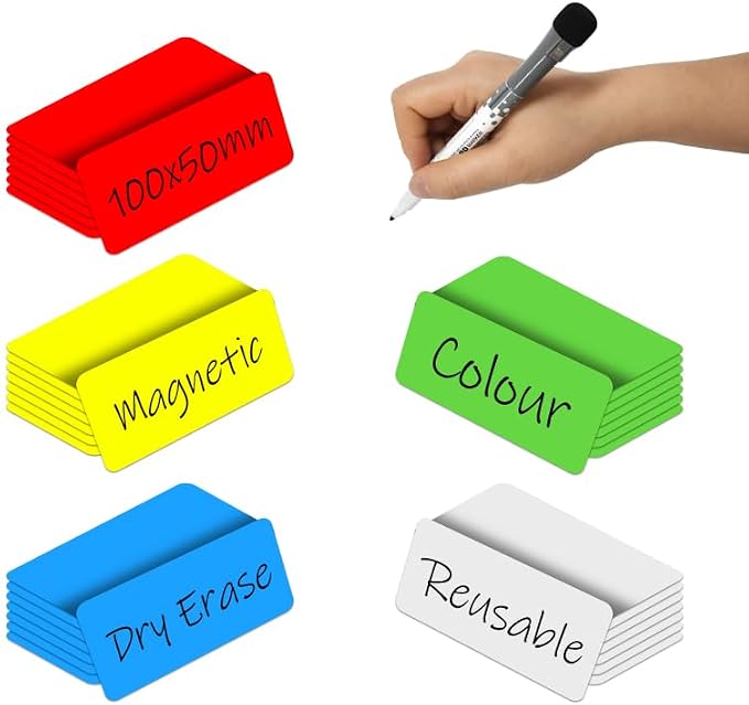 Dry Erase Magnetic Labels, 4x2 Inch, 40 Pieces in 5 Colors, Reusable, for Whiteboards, Locker, School, Classroom, Office, Home