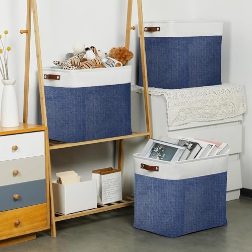 DULLEMELO Large Storage Basket 17"x12"x15",Fabric Organizer Bin for Storage Clothes, Toys, Books,Storage Bin with Handles for Bedroom, Closet, Nursery (White&Blue,1 Pack)