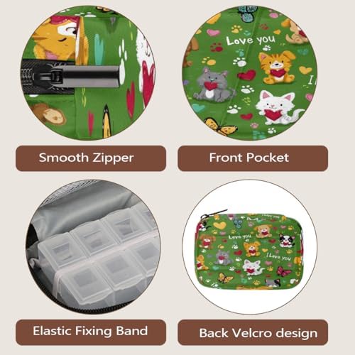 Weekly Pill Organizer Travel Size Bag with Removable 7 Day Pill Box Portable Vitamin Case Purse with Zipper,Pets Hearts Love Pattern